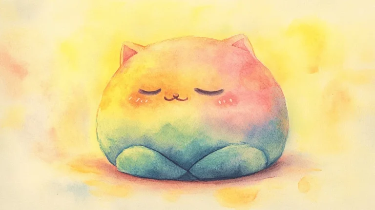 Fargerik akvarellillustrasjon av en Squishmallows-katt i forskjellige farger.