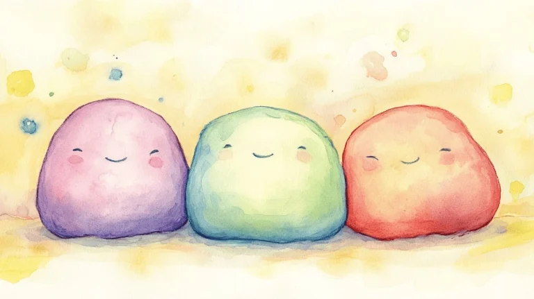 Fargerik akvarellillustrasjon av en gruppe Squishmallows i forskjellige farger.