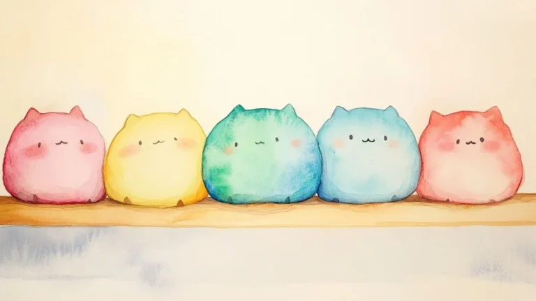 Illustration of five squishmallows in a row.
